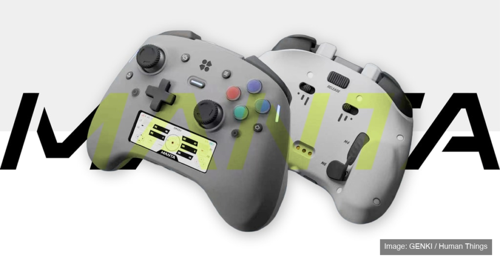 GENKI Manta game controller, front and back, showing its built-in colour display